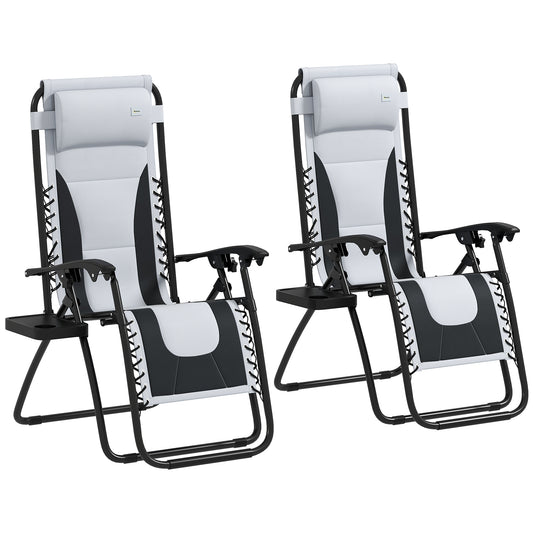 Outsunny Zero Gravity Lounger Chair Set of 2, Folding Reclining Patio Chair with Padded Seat, Cup Holder, Soft Cushion and Headrest for Poolside, Camping, Grey