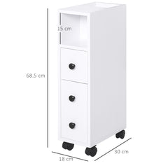 kleankin Slimline Bathroom Storage Unit w/ 2 Drawers 2 Open Compartments Wheels Handles Freestanding Compact Home Office Furniture White