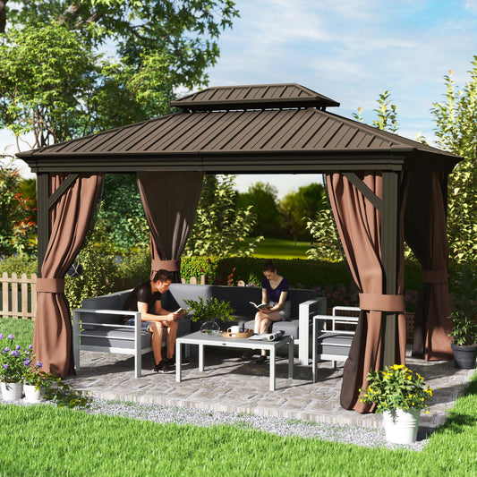 Outsunny 3 x 3.7m Outdoor Hardtop Gazebo Canopy Aluminium Frame with 2-Tier Roof & Mesh Netting Sidewalls for Patio, Dark Brown