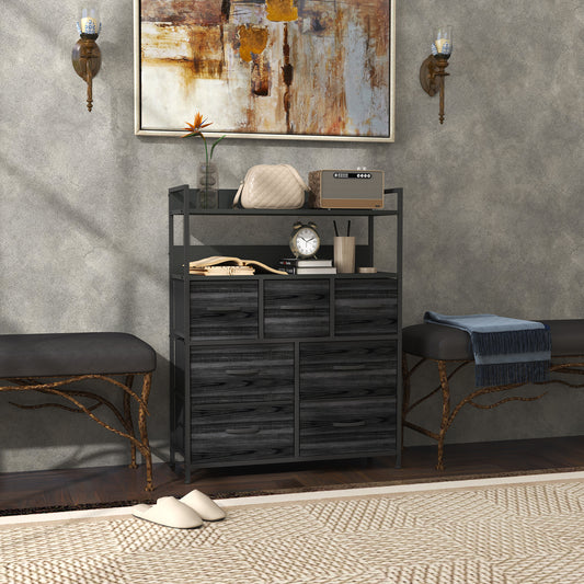 HOMCOM Rustic Chest of Seven Fabric Drawers - Black