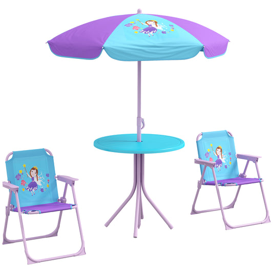 Outsunny Kids Picnic Table and Chair Set, Fairy Themed Outdoor Garden Furniture w/ Foldable Chairs, Adjustable Parasol