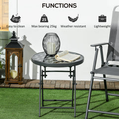 Outsunny â45cm Garden Side Table, Outdoor Round Folding Patio Table with Imitation Marble Glass Top, Small Coffee Table, Black and White