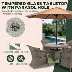 Outsunny 4 Seater Rattan Garden Furniture Set with Cushions, Round PE Rattan Dining Set with Glass-Top Table, Umbrella Hole, Outdoor Garden Table and Chairs, Mixed Grey