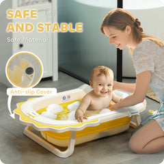 AIYAPLAY Foldable Baby Bath Tub Set with Bath Cushion, Wash Basin, Non-Slip Stand, Bottom, Yellow