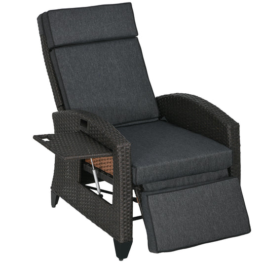 Outsunny Outdoor Recliner Chair with Adjustable Backrest and Footrest, Cushion, Side Tray, Grey