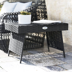 Outsunny Foldable Outdoor Coffee Table, Steel Frame Rattan Side Table, Coffee Table Side Table for Garden, Black