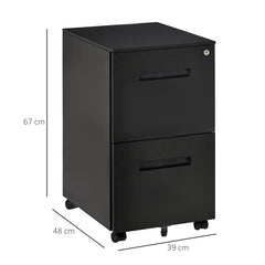 Vinsetto Metal Mobile File Cabinet with Wheels, Lockable 2 Drawer Filing Cabinet for A4, Legal, Letter, Compact Under Desk Storage Unit with Pre-Assembled Body for Home Office, 39 x 48 x 67cm, Black