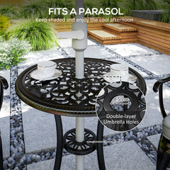 Outsunny 3 Piece Cast Aluminium Garden Bistro Set for 2, Outdoor Coffee Table Set Rust Resistant with Parasol Hole, Cushions, Patio Table and Chairs for Garden, Balcony, Black