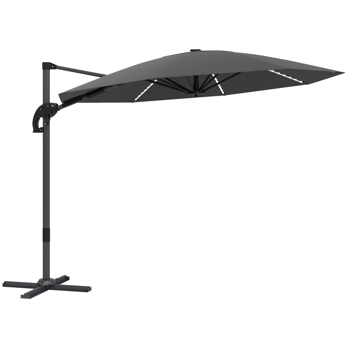 Outsunny 3(m) Cantilever Garden Parasol with Solar Powered Lights, Crank Handle & Cross Base, UPF 50+, 360√Ç¬∞ Rotation, Dark Grey