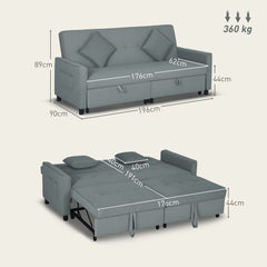 HOMCOM Three-Person Velvet-Feel Sofa Bed - Grey