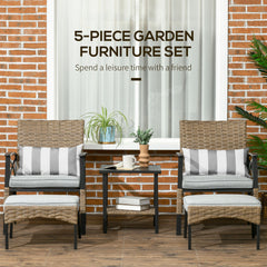 Outsunny 5 Piece PE Rattan Garden Furniture Set, 2 Armchairs,2 Stools, Steel Tabletop with Wicker Shelf, Padded Outdoor Seating, Grey