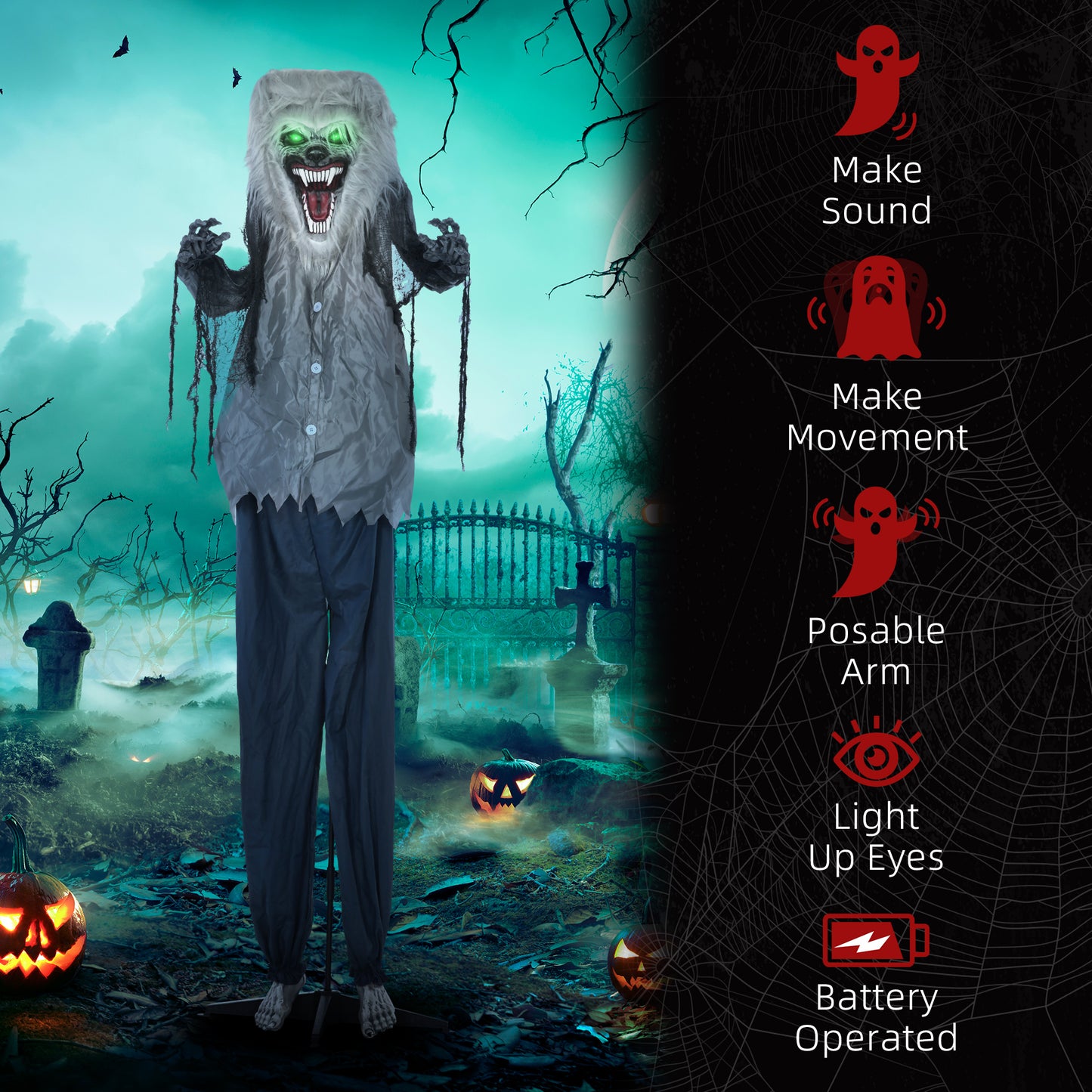 HOMCOM 6'8" Skeleton Werewolf Animatronic Halloween، مع عيون متوهجة
