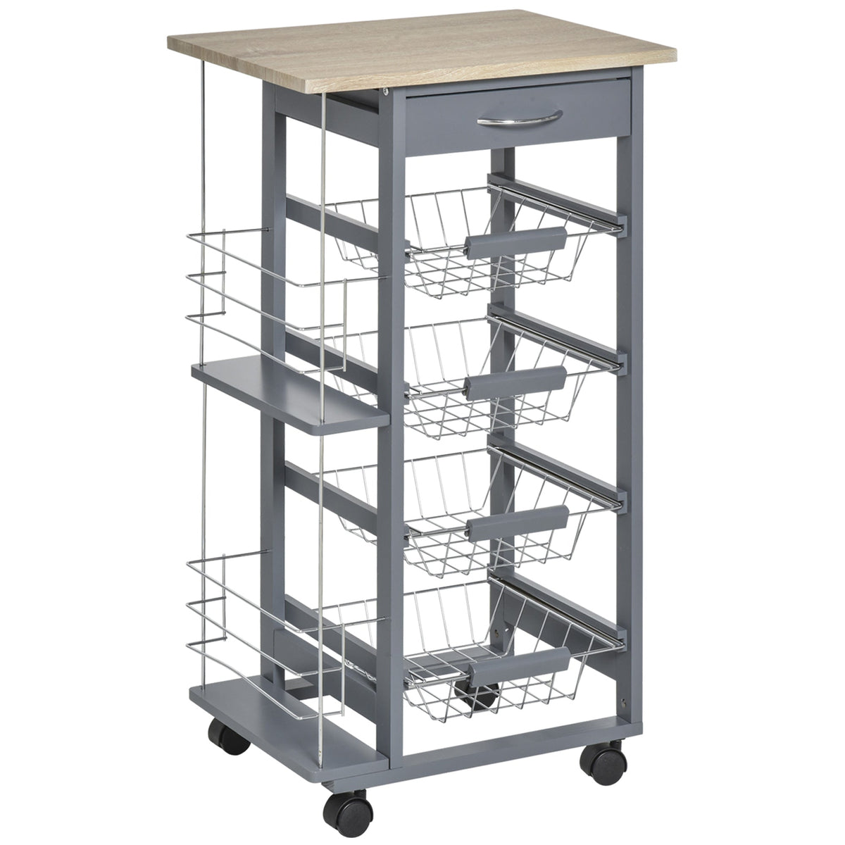 HOMCOM Rolling Kitchen Cart, Utility Storage Cart with 4 Basket Drawers & Side Racks, Wheels for Dining Room, Grey