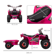 HOMCOM 6V Quad Bike with Back Trailer, Wear-Resistant Wheels, for Ages 18-36 Months, Pink