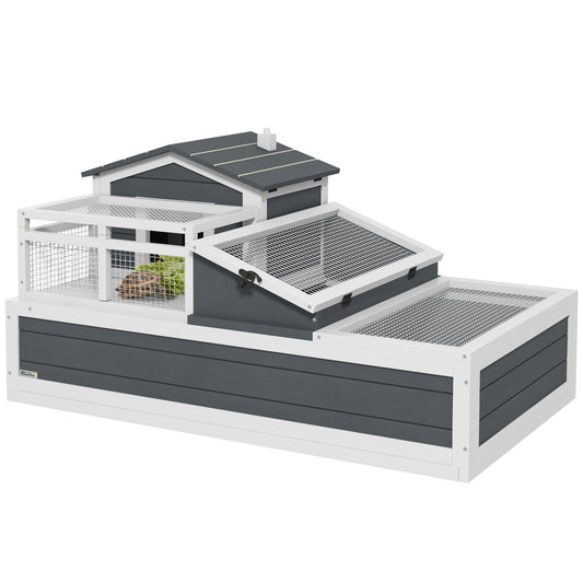 PawHut Tortoise House 3-Room with 2 Stories, Ladder, Balcony, Tray, Openable Roof, 59H x 112L x 65Wcm, Grey