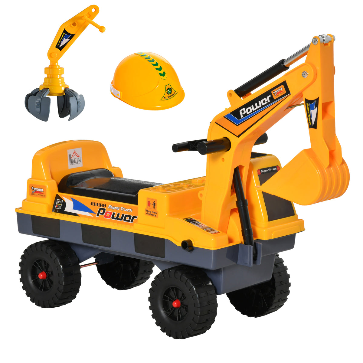 HOMCOM 2 in 1 Ride on Excavator Digger No Power Detachable Digging Bucket and Grab Bucket Music Light for 2-3 Years Old