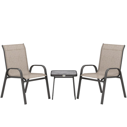 Outsunny 3 Pieces Outdoor Bistro Set, Patio Stackable Armchairs with Breathable Mesh Fabric and SPC Board Coffee Table, Brown