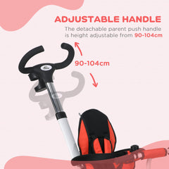 HOMCOM Metal Frame 6 in 1 Baby Push Tricycle with Parent Handle for 1-5 Years Old, Red