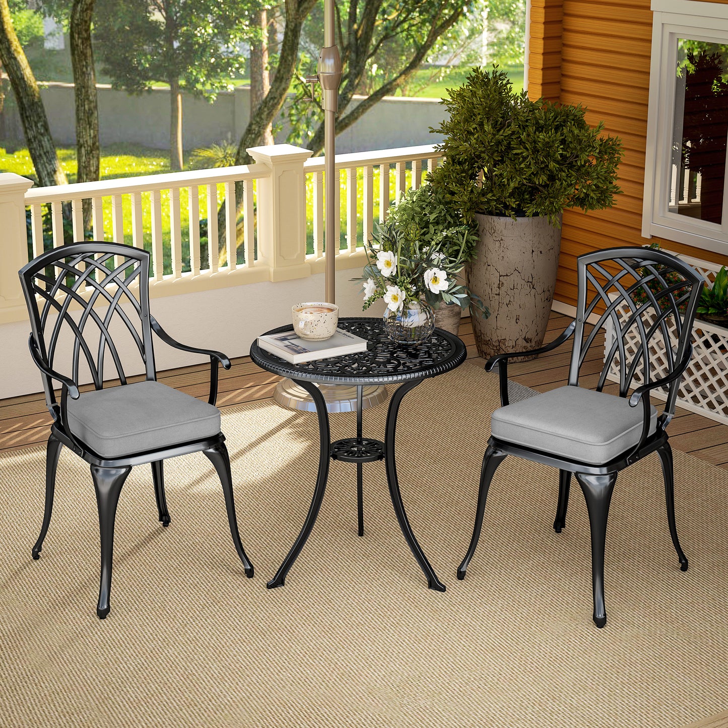 Outsunny 3 Piece Cast Aluminium Garden Bistro Set for 2, Outdoor Coffee Table Set Rust Resistant with Parasol Hole, Cushions, Patio Table and Chairs for Garden, Balcony, Black