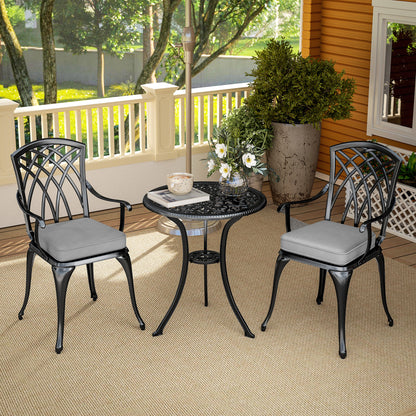 Outsunny 3 Piece Cast Aluminium Garden Bistro Set for 2, Outdoor Coffee Table Set Rust Resistant with Parasol Hole, Cushions, Patio Table and Chairs for Garden, Balcony, Black