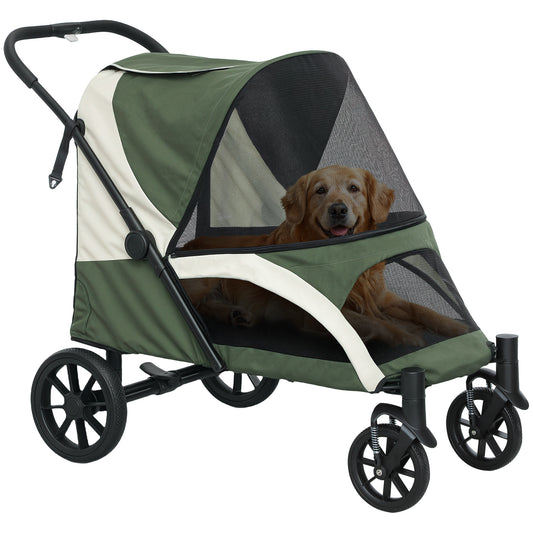 PawHut Easy Folding Pet Stroller for Large Dogs with 4 Big Wheels, Shock Absorb Frame, Safety Leashes, Brakes, Dark Green