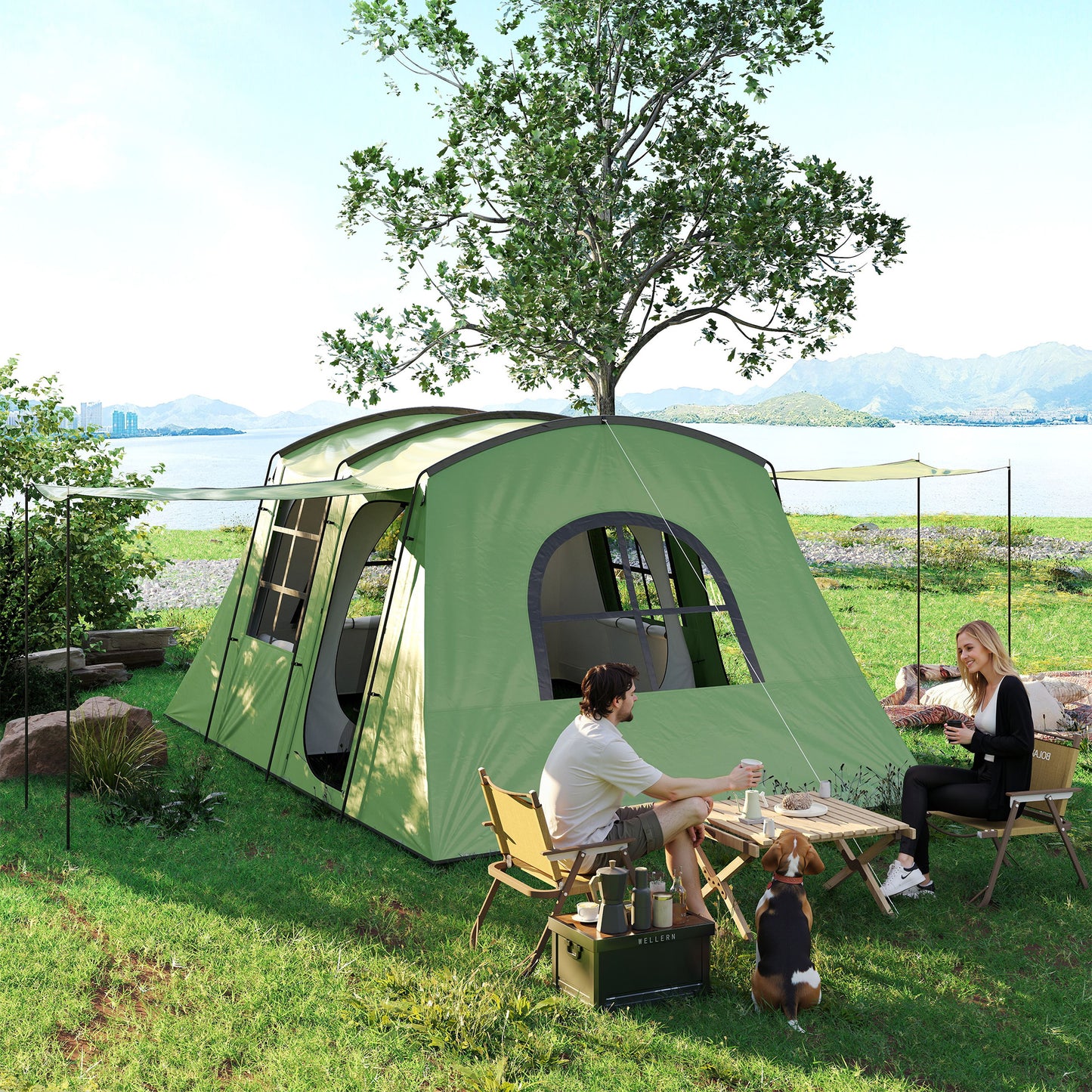 Outsunny 4 Man Tunnel Tent, Family Camping Tent with Porch, Bedroom and Living Area, Sewn in Groundsheet, 3000mm Waterproof, Portable with Bag for Hiking, Festival, Backpacking, Green