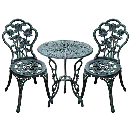 Outsunny Cast Aluminium Outdoor Patio Garden Bistro Elegant Design Table Chair Set - Green (3-Piece)