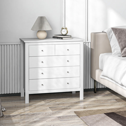 HOMCOM Modern Chest of Drawers, 5 Drawer Storage Cabinet with Metal Handles and Runners for Bedroom, White