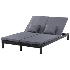 Outsunny 2 Seater Rattan Lounger Adjustable Double Chaise Chair Loveseat w/ Cushion Black