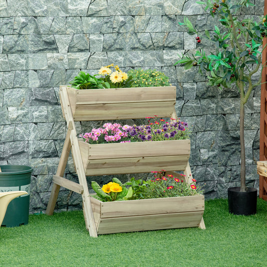 Outsunny 3 Tier Raised Garden Bed Wooden Elevated Planter Box Kit, 66L for Flower, Vegetable, Herb, 65x75x78cm, Green