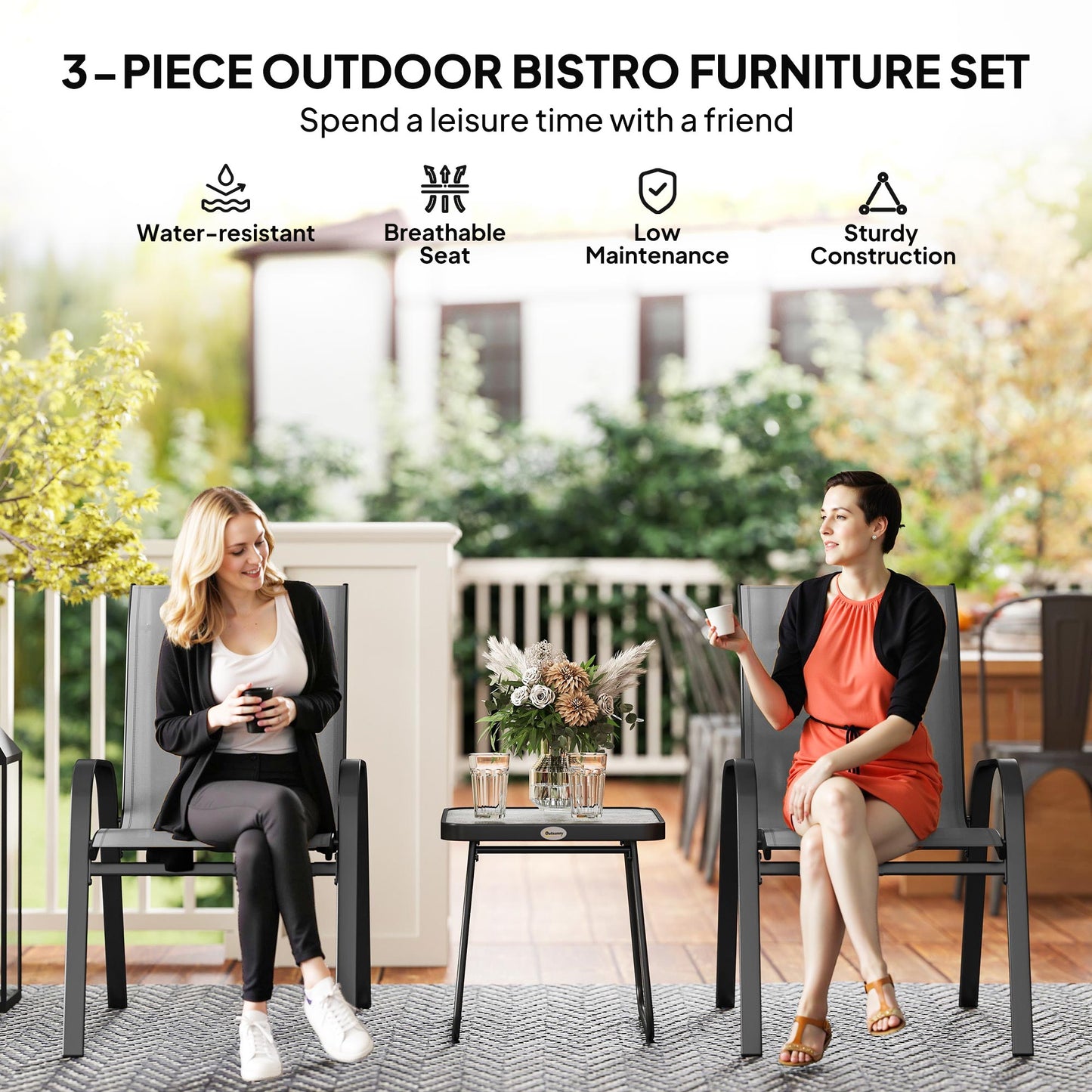 Outsunny Three-Piece Metal Frame Garden Seating Set - Grey