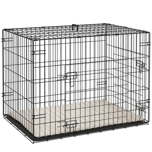 PawHut Foldable Dog Crate with 2 Doors with Tray, Soft Cushion, for Small Dogs, 76 x 53 x 60, Black