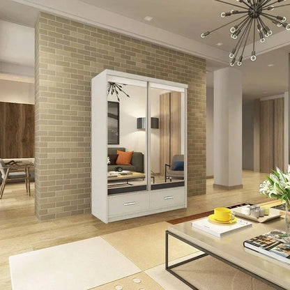 Newry Black Sliding Door Mirrored Wardrobe with Drawers - 150cm and 200cm