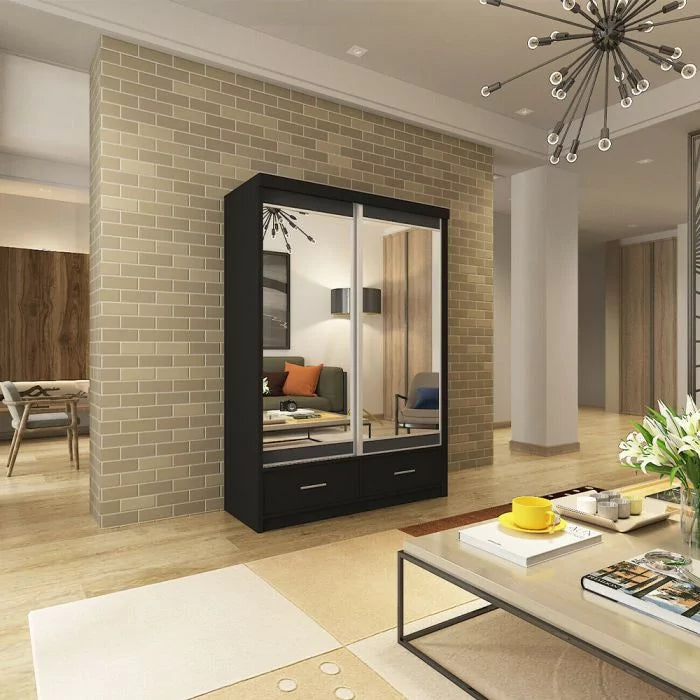 Newry Black Sliding Door Mirrored Wardrobe with Drawers - 150cm and 200cm
