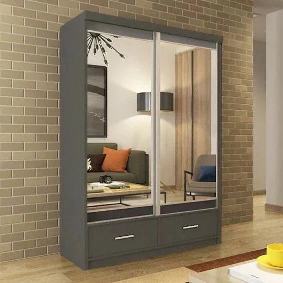 Newry Black Sliding Door Mirrored Wardrobe with Drawers - 150cm and 200cm