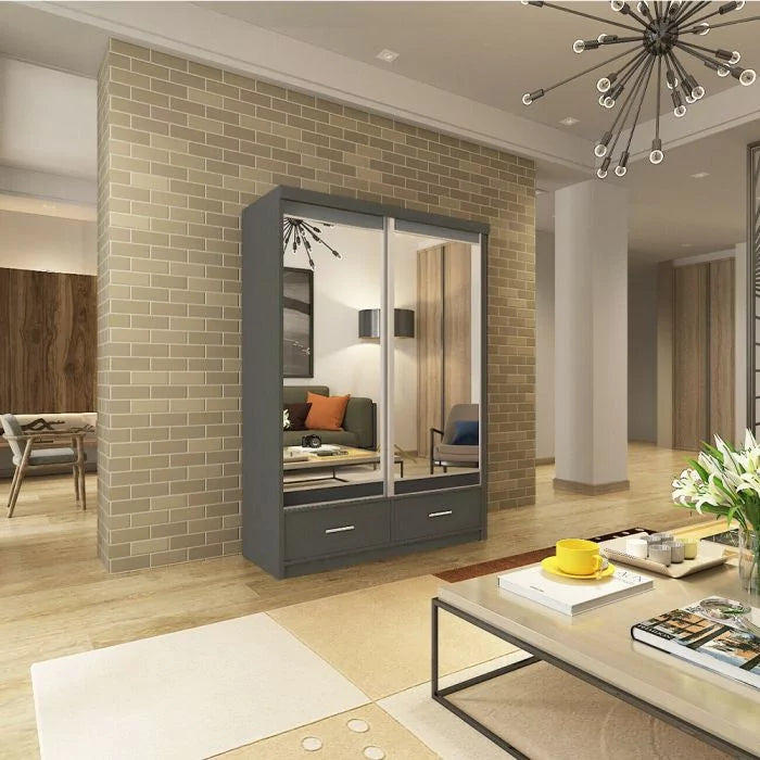 Newry Black Sliding Door Mirrored Wardrobe with Drawers - 150cm and 200cm