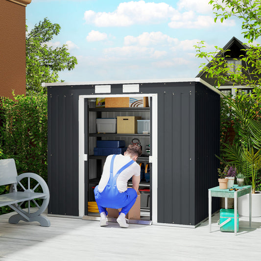 Outsunny 7 x 4ft Galvanised Steel Garden Shed, with Foundation Kit - Dark Grey