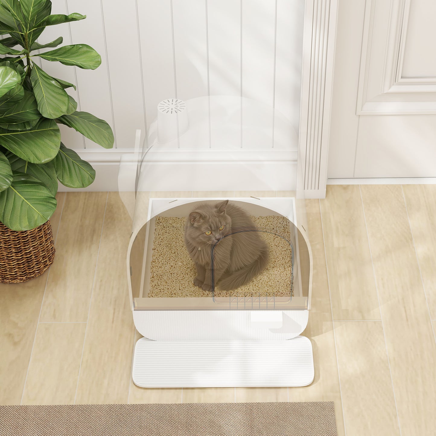 PawHut Hooded Cat Litter Box, Kitten Litter Tray, with Lid, Scoop, Filter, Flap Door