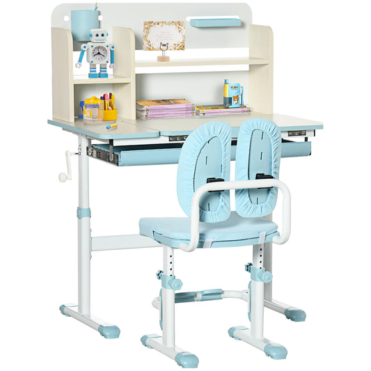 HOMCOM Kids Desk and Chair Set, with Storage Shelves, Washable Cover, for Ages 3-12 Years - Blue