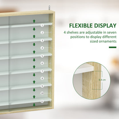 HOMCOM 7-Tier Wall Display Shelf Unit Cabinet w/ 6 Adjustable Shelves Glass Doors Home Office Ornaments 83x80cm, Oak