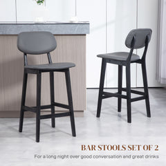 HOMCOM Bar Stools Set of 2, Contemporary Breakfast Bar Chairs, Faux Leather Upholstered Kitchen Stools with Backs and Solid Wood Legs, Dark Grey