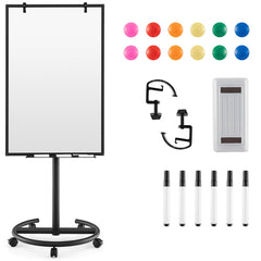 100 cm x 65 cm Height-Adjustable Magnetic Whiteboard on Wheels-Black & White