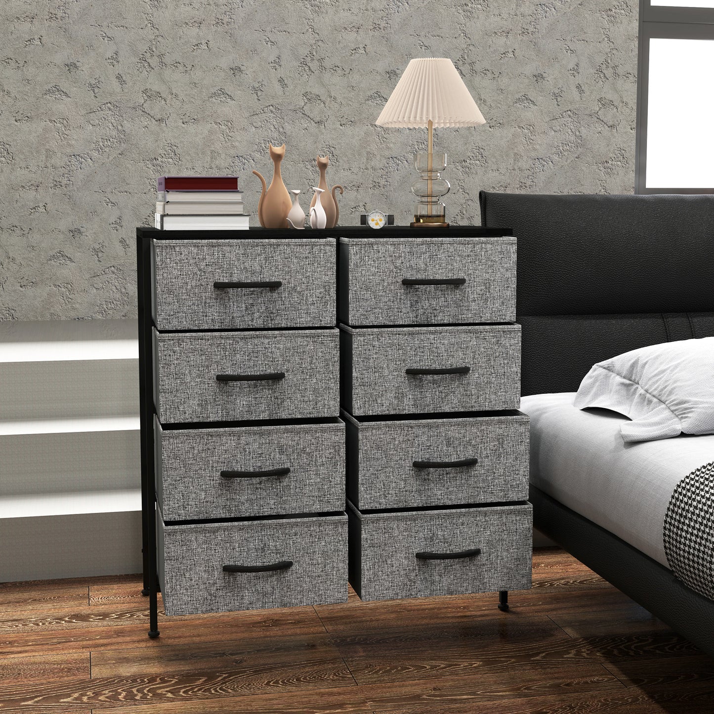 HOMCOM Fabric Chest of Drawers, Storage Drawers, Industrial Bedroom Dresser with 8 Fabric Drawers, Steel Frame and Wooden Top for Nursery, Living Room, Hallway, Black