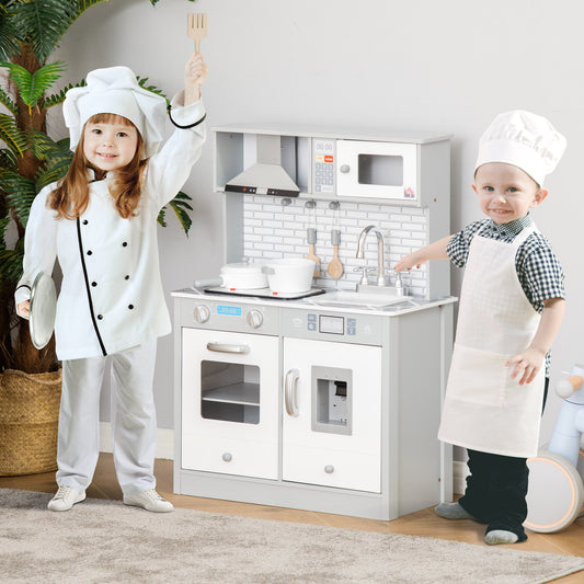 HOMCOM Kids Wooden Toy Kitchen Pretend Play Cooking Playset w/ Sound & Light Effect, Battery Operated Cooktop, Ice Machine, Marble Pattern Countertop, for 3-6 Years Old