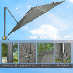 Outsunny 3 x 3(m) Cantilever Parasol with Cross Base, Garden Umbrella with 360√Ç¬∞ Rotation, Crank Handle and Tilt for Outdoor, Patio, Grey