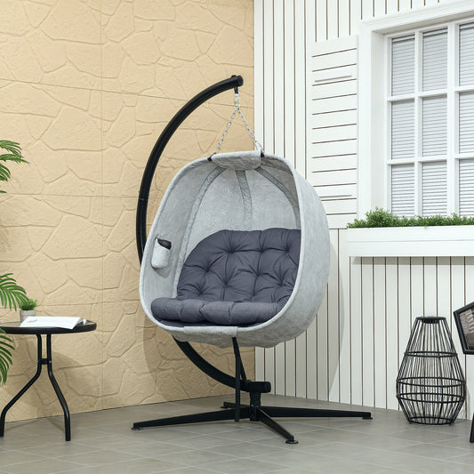 Outsunny Hanging Egg Chair Outdoor Indoor Garden Swing Chair with Folding Basket, Garden Hanging Chair with Stand, Thickened Cushion, Cup Holder for Patio, Balcony, Grey