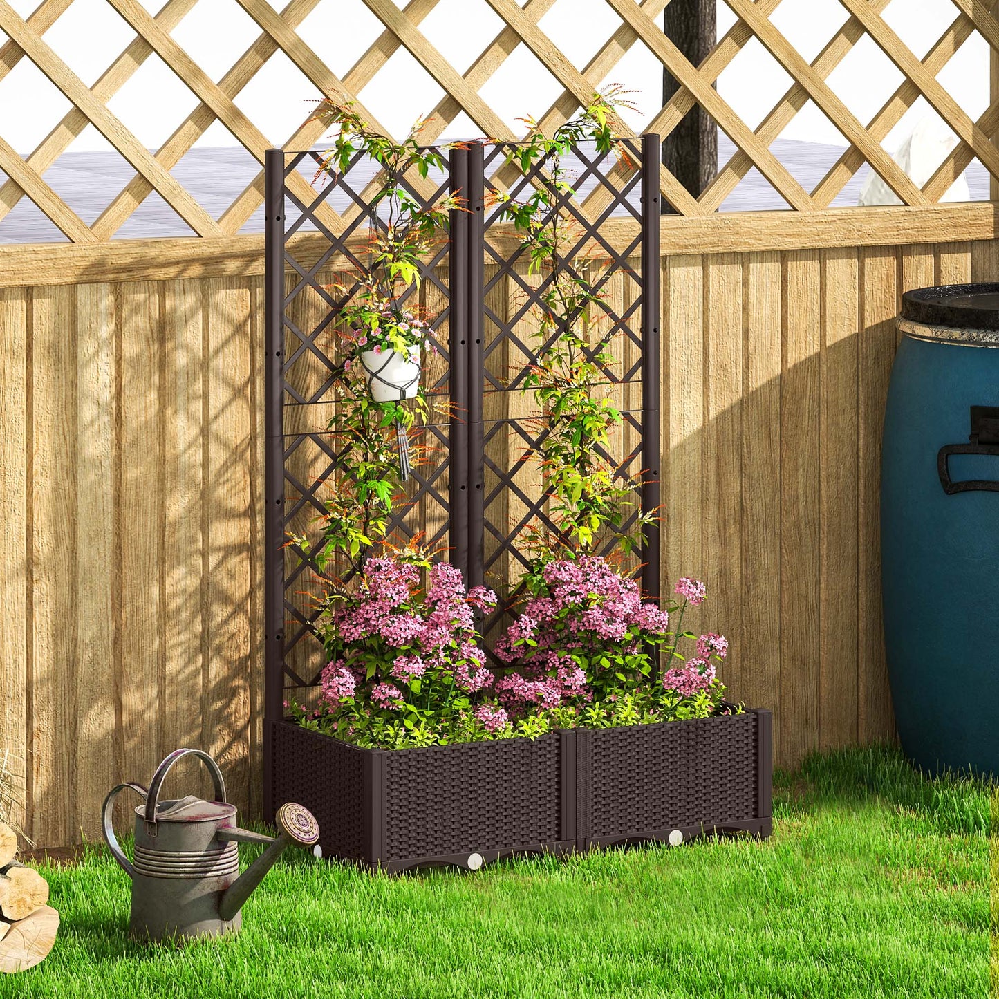 Outsunny Raised Garden Bed with Trellis, Plastic Planter Box with Drainage Holes, Drain Plugs and Water Reservoirs for Climbing Plants, Vegetables, Flowers, Brown