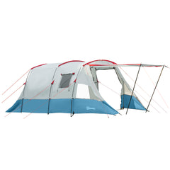 Outsunny 6-8 Person Tunnel Tent, Camping Tent with Bedroom, Living Room, Sewn-in Floor, 3 Doors and Carry Bag, 2000mm Water Column for Fishing, Hiking, Sports, and Traveling, Blue