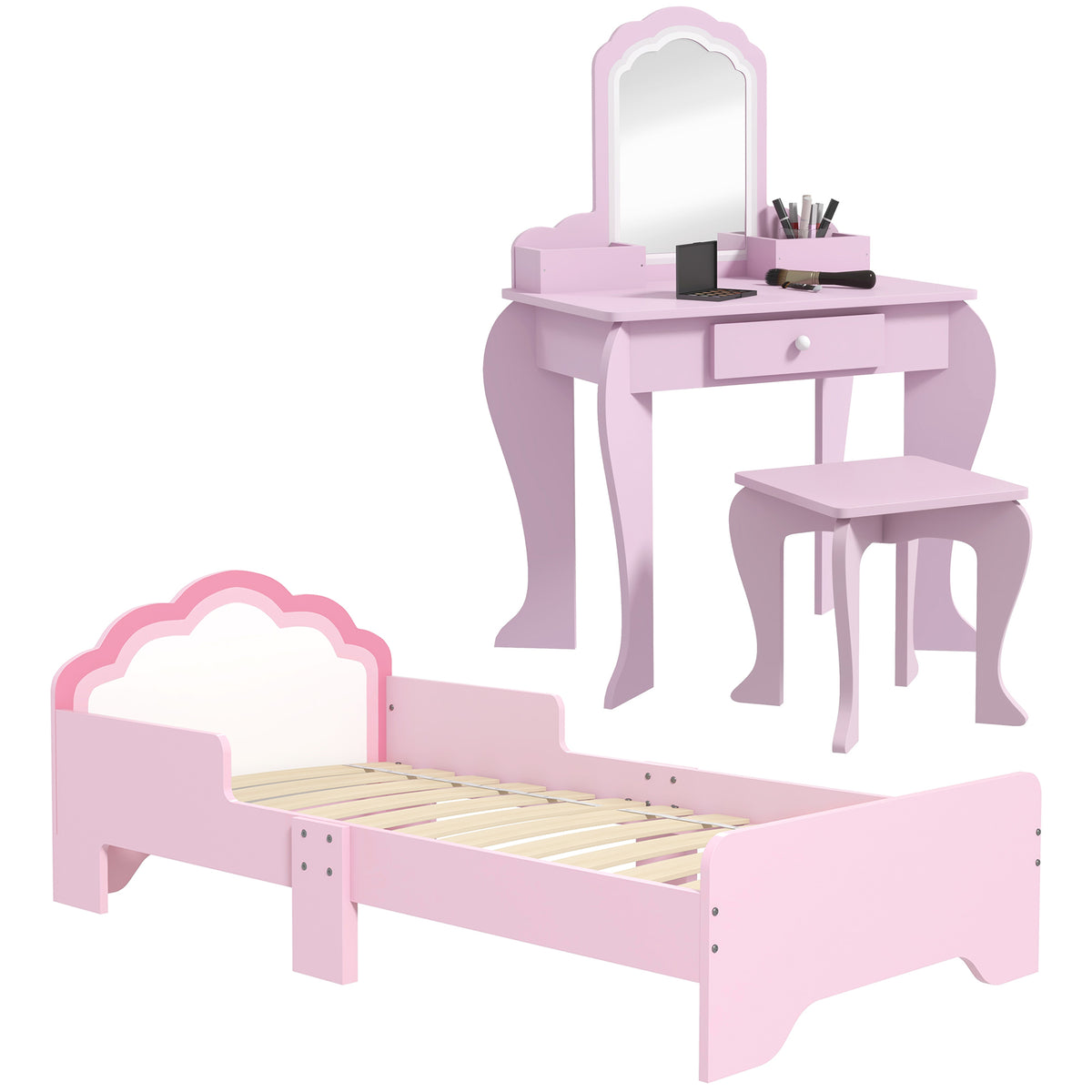 ZONEKIZ Wooden Kids Bedroom Furniture Set with Kids Dressing Table, Stool, Bed, for 3-6 Years, Cloud-Design