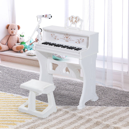 HOMCOM 37 Keys Kids Piano Mini Electronic Keyboard Light Kids Musical Instrument Educational Game Children Grand Piano Toy Set w/Stool & Microphone & Music Stand (White)